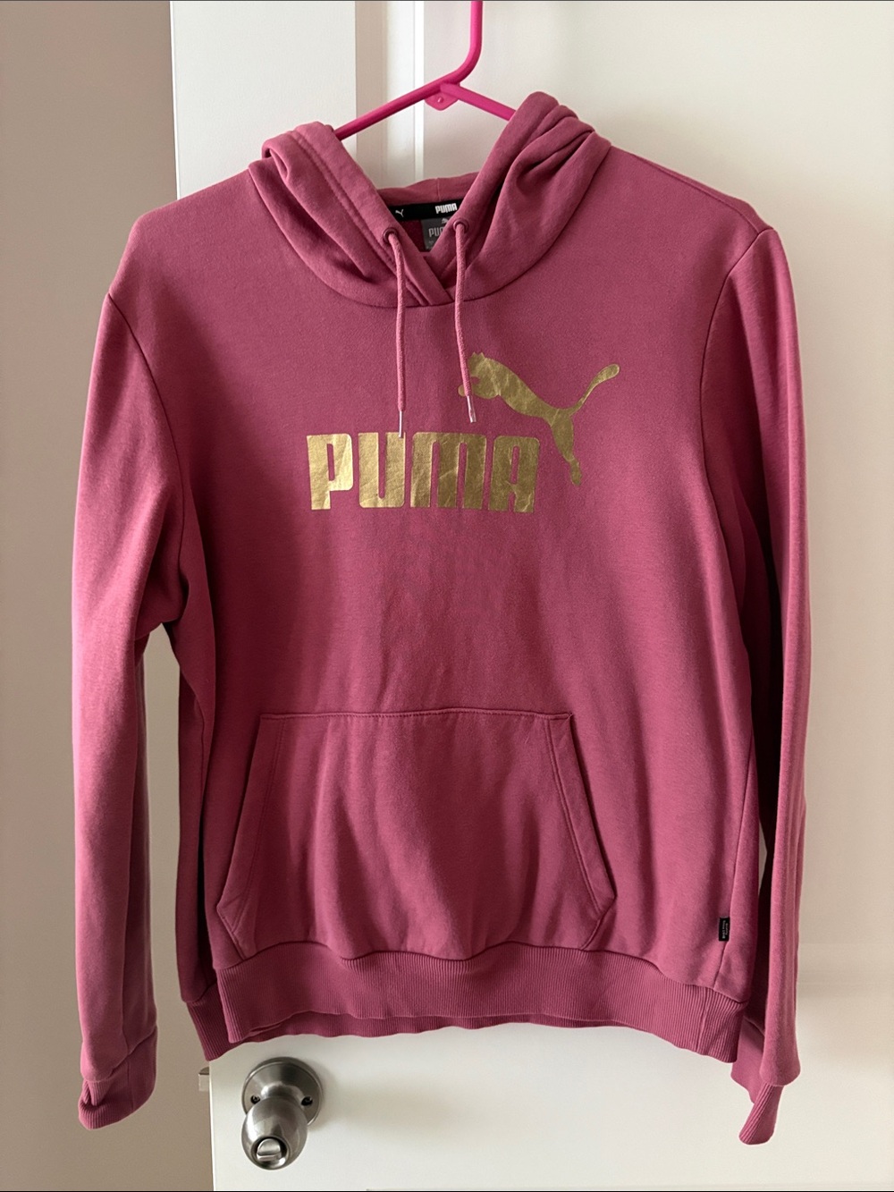 Puma Women's Rose Pink Pullover Hoodie with Gold Logo